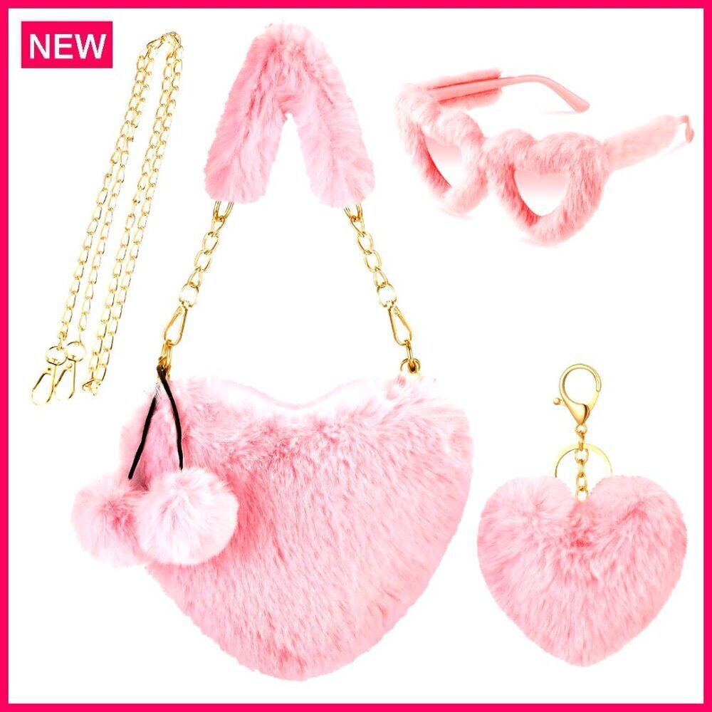 Faux Fur Heart Purse with Sunglasses, Shoulder Bag for Women, 3-Piece Set